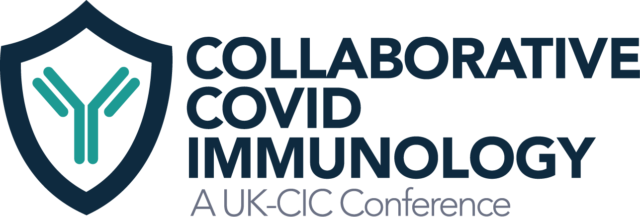 Logo: Shield with antibodies on, and text reading "Collaborative COVID Immunology, a UK-CIC conference"